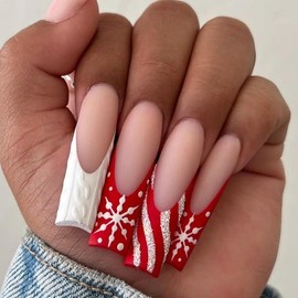 BABALAL Christmas Press on Nails Long Square Fake Nails Red White French Tip Glue on Nails Candy Snowflake Acrylic Nails 24Pcs Matte Squoval Stick on Nails Glitter Bling Gel Nails