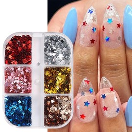 4th of July Nail Glitter for Nail Art Independence Day Nail Glitter Flakes America Patriotic Nail Flakes Sticker Red Blue White Star Nail Decoration for Women Girls DIY Nail Art Designs 6 Grids