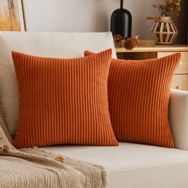 EMEMA Fall Terracotta Throw Pillow Covers Corduroy Decorative Soft Striped Square Cushion Covers Spring Pillowcases for Couch Sofa Bedroom Chair Car 18x18 Inch Set of 2