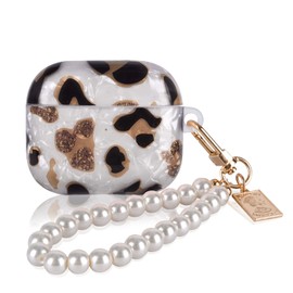 Glitter Leopard Shell for AirPods 3 Case (2021) with Pearl Wrist Chain Keychain,Sparkle Bling Pretty Cute for Airpods 3rd Generation Protective Skin Cover for Women Girls Soft TPU Shock Proof