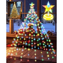 Christmas Tree Lights, 9.8FT 480LED Portable Christmas Lights with Glowing Circle & Star Toppers, 8 Modes Colorful Bright Tree Lights Outdoor & Indoor, Snowflake Fairy Lights for Xmas Tree Decorations