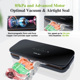Amz Jet Vacuum Sealer for Food - Tempered Glass Panel, LED Touch Control, Digital Display, Pulse/Moist/Dry/Seal/External Suction Modes, Includes 30 Vacuum Bags & Built-in Cutter(Black)