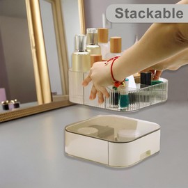 VOCOSTE 1 Set Makeup Organizer with Stackable Drawer, 7 Grids Makeup Organizer for Countertop Vanity, Skincare Organizers Cosmetic Display Cases, Clear White