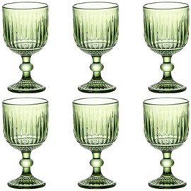 Taganov Green Water Glasses Drinking Wine Goblet set of 6 Vintage Glassware Colored Stemware 11 ounce for Wedding Party Bar Vertical Embossed Pattern Stemmed Cups 330 ml