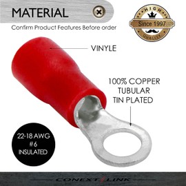 Conext Link RTV-6R25 Vinyl Ring Terminal 25 Pack (#6 Stud, Red 22-18 Gauge)