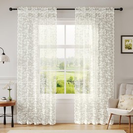 Rinwoc - Cortinas transparentes de encaje marfil de 84 pulgadas de largo, con patrón de hojas clásico para sala de estar/recámara, cortinas de bolsillo para barra de filtrar la luz, tratamientos de