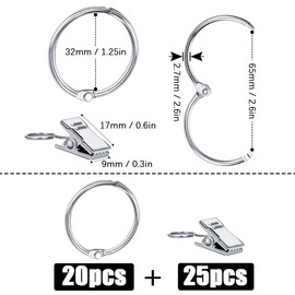 SWTYExt Pack of 20 32 mm Curtain Rings with Clips & 5 Pieces Curtain Clips Metal Curtain Rings Stainless Hanging Curtain Rings with Hooks for Curtain Rod Curtain Window Shower Curtain Washing Line