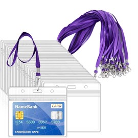 50pcs Purple Lanyards for Neck with 50pcs Card Holder, Clear Plastic ID Card Holder and Lanyard, Horizontal Sealable Waterproof Name Badge Holders with Lanyard for ID Cards, Office, School, Bus Passes