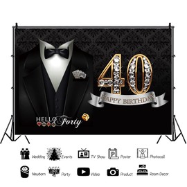 Black White 40th Birthday Backdrop for Man Forty Years Old Happy Birthday Party Decorations Banner Photography Supplies Background Happy Birthday Decoration 7x5ft