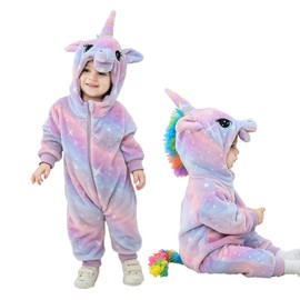 LOLANTA Toddler Rainbow Unicorn Costume Girls, Plush Hooded Romper for Baby, Purple Pink, 6-12 Months