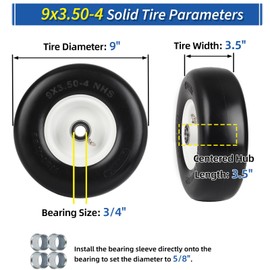 GICOOL 9x3.50-4 Flat Free Lawn Mower Tire and Wheel, Smooth Tread Tire for Zero Turn Mowers, Bearing Bore 3/4" & 5/8", Centered Hub Length 3.5"-4"-4.5"-5", 2 PCS