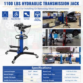 Transmission Jack,1/2Ton/1100lbs Capacity Hydraulic Telescopic Transmission Jack, 2-Stage Floor Jack Stand with Foot Pedal, 360° Swivel Wheel, Garage/Shop