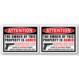 Property Security Warning Sign, Armed Owner Notice, 2nd Amendment Handgun Pistol Sticker 4x3 inches, 2-Pack