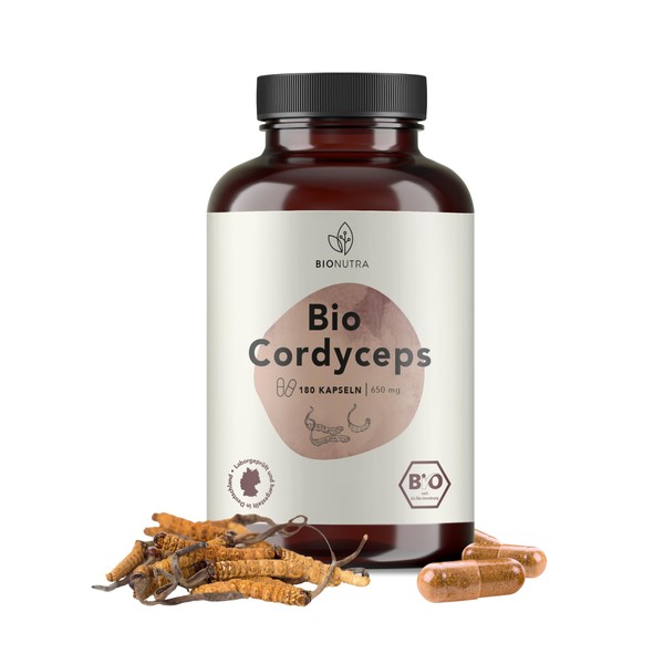 BIONUTRA® Cordyceps Organic Capsules (180 x 650 mg), German Production, 6 Month Pack, Residue-Controlled, Vegan, Lactose & Gluten-Free, High Dose, CS-4 Caterpillar Mushroom in Organic Quality without