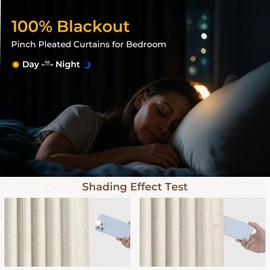 INOVADAY Pinch Pleated Curtains, 2 Panels Full Blackout Curtains for Bedroom, Linen Pleated Blackout Drapes for Living Room, Thermal Black Out Pinch Pleat Drapes with Hooks - Natural, W40 x L90