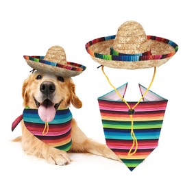 Mexican Dog Costume Accessories Cinco De Mayo Fiesta Party Decorations, Pet Serape Outfit for Dogs and Cats Sombrero Hats Hat and Colorful Stripe Bandana Pet Triangle Bib Scarf