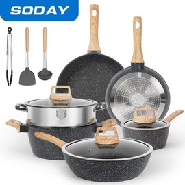 SODAY 12pcs Pots and Pans Set Non Stick Kitchen Cookware Sets Induction Cookware Nonstick Granite Cooking Set with Frying Pans, Saucepans, Steamer - Color: 17pcs White/with 6.5QT Casserole & 4*Pan Protector