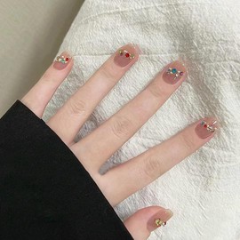 Nail Tip, Short, 24 Pieces, Nail Tip, False Claws, Cat Eye, Pink, Flesh Color, Diamond, 3D Nail Sticker, Popular, Japanese Style, Cute, Simple, Fashionable Party, Nail Tip, Autumn, Spring, Summer,
