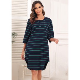 Vlazom 3/4 Ärmel Nachthemd V-Ausschnitt Damen Nachthemd mit Zwei Knöpfe Baumwolle Streifen Schlafhemd Damen Nachtwäsche mit Taschen(M,Stil A-grün+Marineblau)