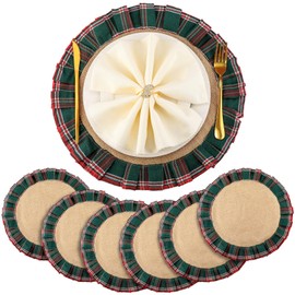 6 Set Round Christmas Plaid Placemats, Red Green