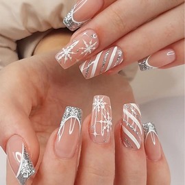 Christmas Press on Nails French Tip Fake Nails Silver False Nails with Glitter Snowflakes Designs Pink Glue on Nails Medium Square Stick on Nails Nude Acrylic Nails Full Cover Glossy Artificial Nails
