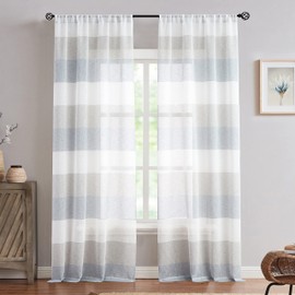 Vision Home Striped Sheer Curtains Grey and Smoke Blue Color Block Farmhouse Curtains 95 inch Length Linen Rustic Light Filtering Voile Drapes for Living Room Bedroom Rod Pocket,40" Wx95 Lx2