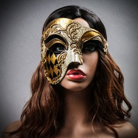 ILOVEMASKS Venetian Phantom GOLD Checker Men Masquerade Ball Party Classic Full Face Mask