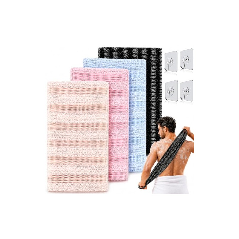 4PCS Zenbody Toalla Exfoliante Japonesa, Doble Cara con 4 Ganchos