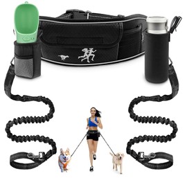 TECSPACE Hands Free Dog Leash for Two Dogs, Adjustable Waist Belt for Dog Walking with Pouch, Shock Absorbing Hands Free Leash for Running Walking Hiking Biking