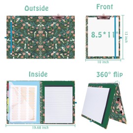 HAUTOCO Clipboard Folder with Replaceable Lined Notepad, Spiral Clipboard A4 with 5 Folder Dividers Document Storage Pockets, Padfolio Organiser Folio Clip Board for Office School, Flower Bird