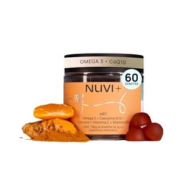 NUVI+ Gomitas de Omega 3 con Coenzima Q10, Cúrcuma, Vitamina C y D3 | Suplemento Natural sin Azúcar | 60 Gomitas Mandarina | Omega3 EPA DHA | Aceite de salmón