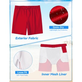 Mens Swim Trunks 8 inch Inseam Mesh Liner Quick-Dry Lightweight 4-Way Stretch Bathing Suit Swimming Trunks for Men UPF 50+ (Color: RED, Size: Small)
