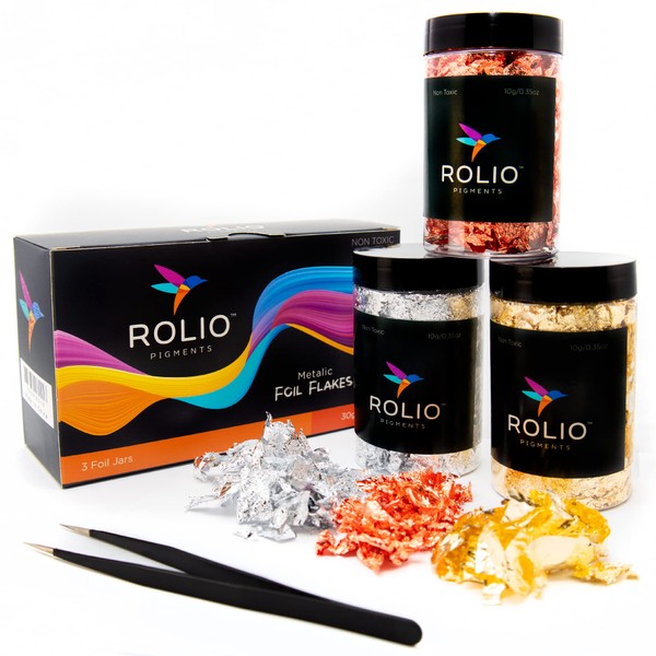 Rolio Metallic Foil Flakes, 3 Bottles (Gold, Copper, and Silver), Imitation Gold Foil Flakes for Epoxy, Nail Art, Painting, DIY Arts & Crafts, Slime, Face & Eye Makeup, Resin Jewelry 10g/0.35 oz Each
