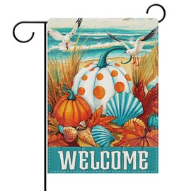 Dyrenson Welcome Fall Pumpkin Beach Decorative Garden Flag, Coastal Autumn Shell Seabirds Yard Outside Home Decoration, Thanksgiving Maple Leaves Nautical Burlap Outdoor Small Decor Double Sided 12 x 18