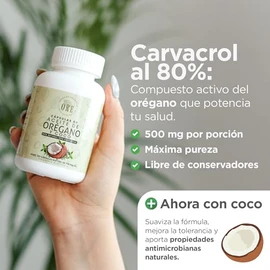 ORE Aceite de Orégano y Coco, 100 Cápsulas Softgel, 500 mg, Suplemento Natural, Orgánico, Aceite de Orégano con 80% Carvacrol y Aceite de Coco extravirgen en una misma cápsula