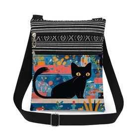 XiaoGalaee Botanical Cat Adjustable Shoulder Strap Crossbody Bag Golden-Eyed Cat with Leafy Motif Print for Adult Plant Lovers Birthday Gift for Gardener's Plant Lover's Day​​ Kitten Lover