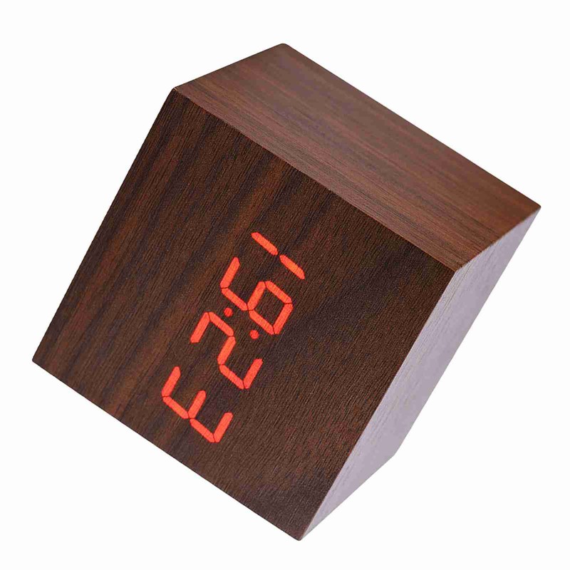 6x6x6cm Wooden Electronic Digital Alarm Desk Clock Temperature LED Display