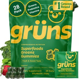 Gruns Adult Super Greens Multivitamin Gummies, Superfood Gummy Vitamins for Women and Men with Spirulina, Chlorella, Adaptogens & Prebiotic Fiber for Digestive Health (28 Count)