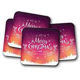 4 Set - Purple Merry Christmas Coaster - Xmas Festive New Year Snow #14685