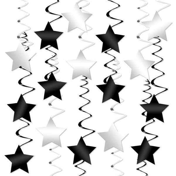 KatchOn, Black and Silver Star Hanging Swirls - Pack of 32, No DIY | Black and Silver Party Decorations | New Years Eve Party Supplies 2024 | Black and White Party Decorations, Hollywood Decorations
