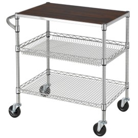 Finnhomy 3 Tier Heavy Duty Commercial Grade Utility Cart with Wood Top, Wire Rolling Cart with Wheels and Handle Bar, Kitchen Carts on Wheels, Metal Cart with 600 LBS Capacity, Chrome