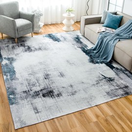 OIGAE Modern Abstract Area Rug 5x7 - Soft Durable Low-Pile Machine Washable Rug with Non-Slip Backing, Stain Resistant for Living Room, Bedroom, Dining Room, and High-Traffic Areas, Grey/Blue