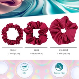 12 Pcs Premium Satin Silk Scrunchies Hair Ties for Women Girls Bracelets Ponytail Holder Hair Bands Elastic Ropes Hair Bun Accessories (Basic 12Pcs-Wine)