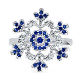 Winter Holiday Christmas Statement 2 Tone Blue Clear Cubic Zirconia Flower Snowflake CZ Ring Cocktail For Women .925 Sterling Silver