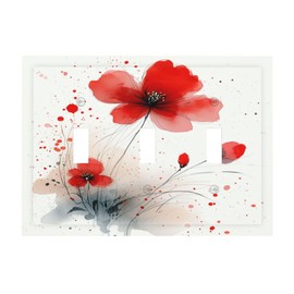 Annisrak Vintage Watercolor Red Flowers Floral Decorative Switch Plates 3 Gang Wall Plate Triple Toggle Light Switch Cover Electrical Wall Panels Faceplate for Bedroom Bathroom Decor