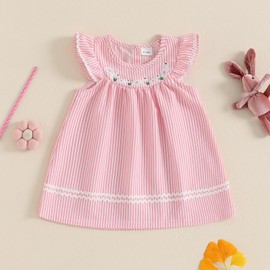 Kayotuas Toddler Girl Easter Dress Bunny Embroidery Flutter Sleeve Dresses Infant Baby Easter Outfit A-Line Casual Sundress (Pink Stripes Bunny, 2-3 Years)