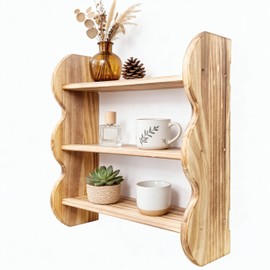 100% Solid Wood 3-Tier Wall Shelf, Rustic Pine, Caramel Finish