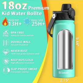 baab 18oz Kids Water Bottle, Insulated Kids Water Bottle with Lockable Spout Lid & Stickers, 18/8 Stainless Steel Vacuum Leakproof Kid Water Cup with Handle & School (Mint Green, 1 Pack)
