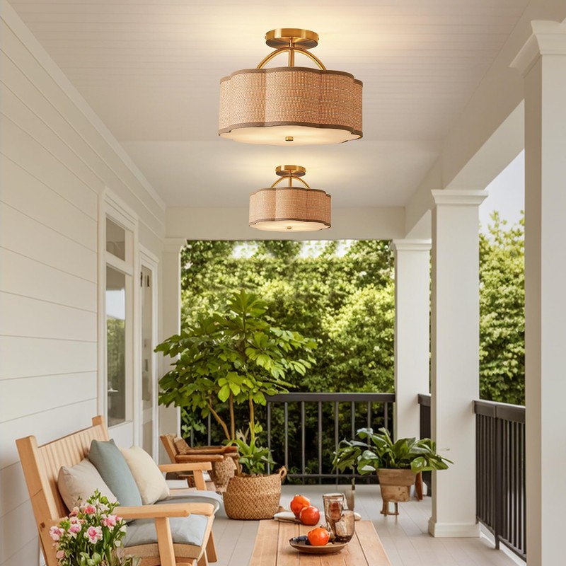 Joyartic 13" Rattan Semi Flush Mount Ceiling Light 3-Light Boho