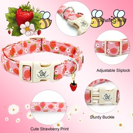 Elegant little tail Dog Collar, Strawberry Pattern Pet Collar Pink Durable Spring Female Spring Collar Adjustable Cotton Pet Collar with Quick Release Buckle for Medium Dogs